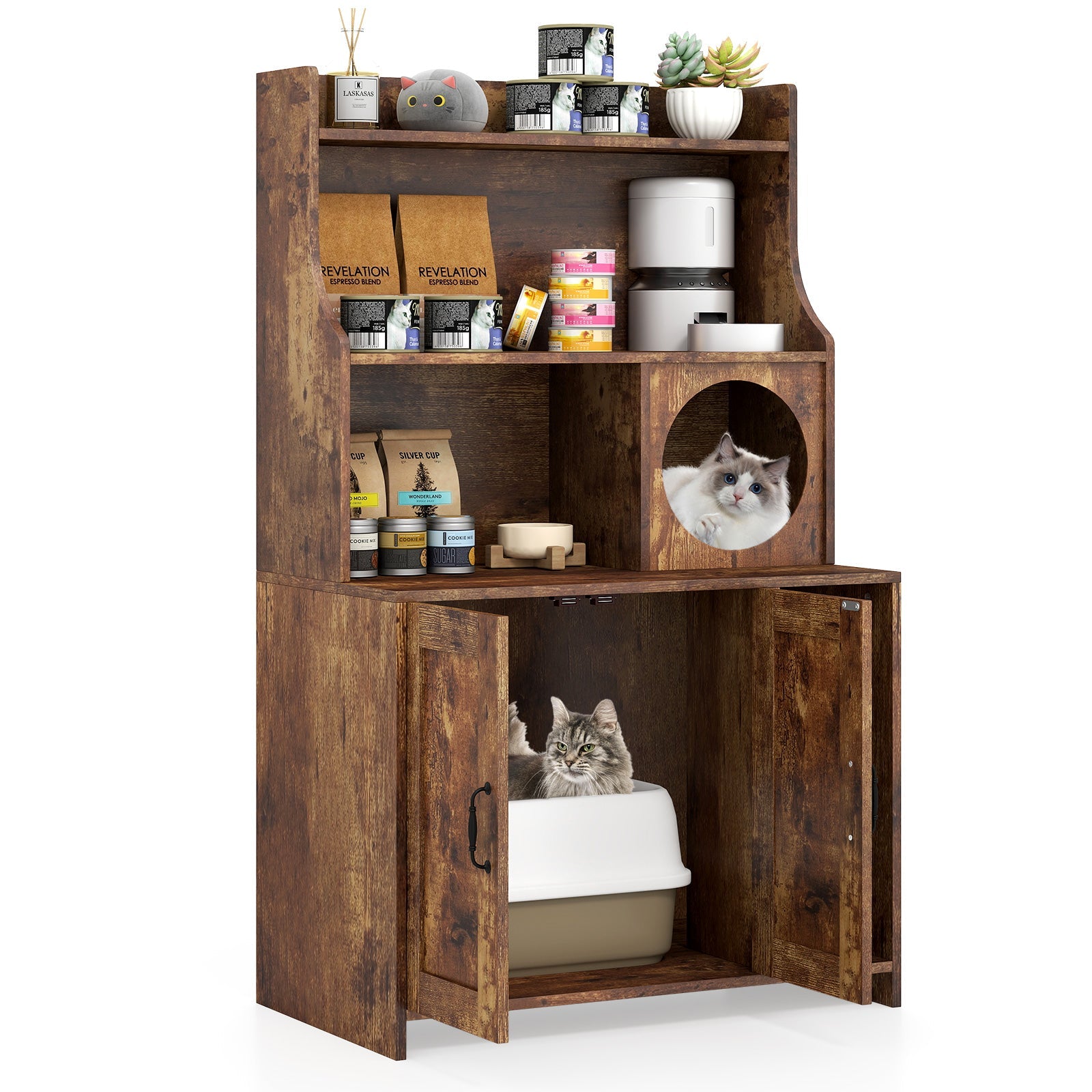 Cat Litter Box Enclosure Industrial Wooden Storage Shelves - Detail Angle 3 | Majestic Pet Kingdom