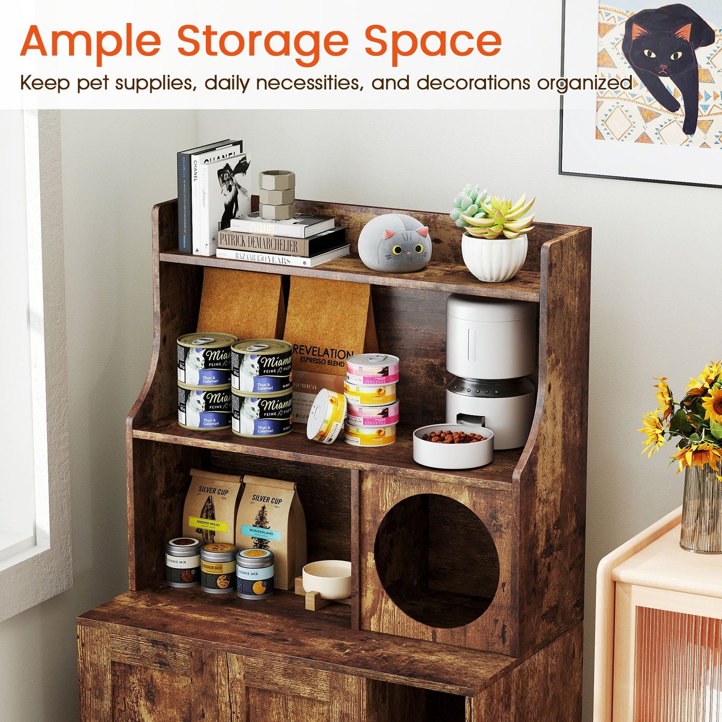 Cat Litter Box Enclosure Industrial Wooden Storage Shelves - Detail Angle 6 | Majestic Pet Kingdom