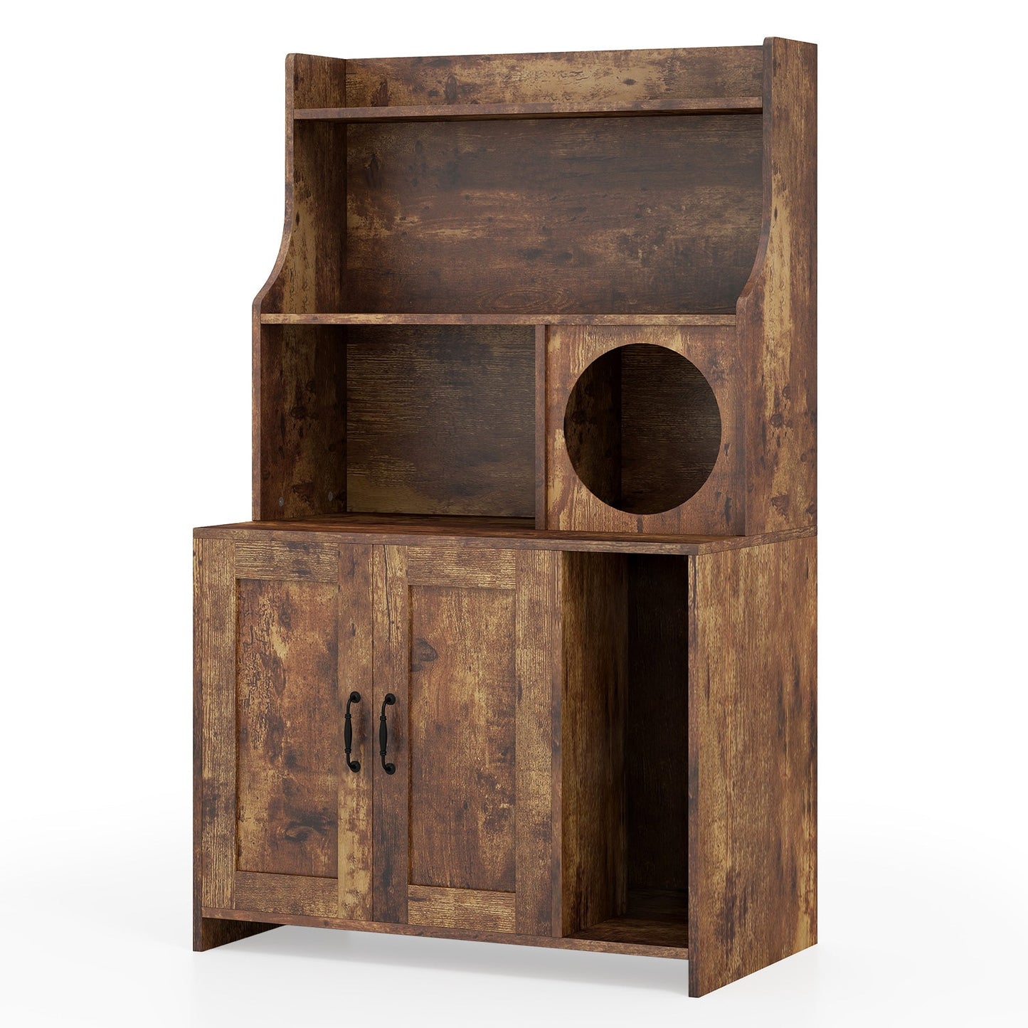 Cat Litter Box Enclosure Industrial Wooden Storage Shelves - Detail Angle 4 | Majestic Pet Kingdom