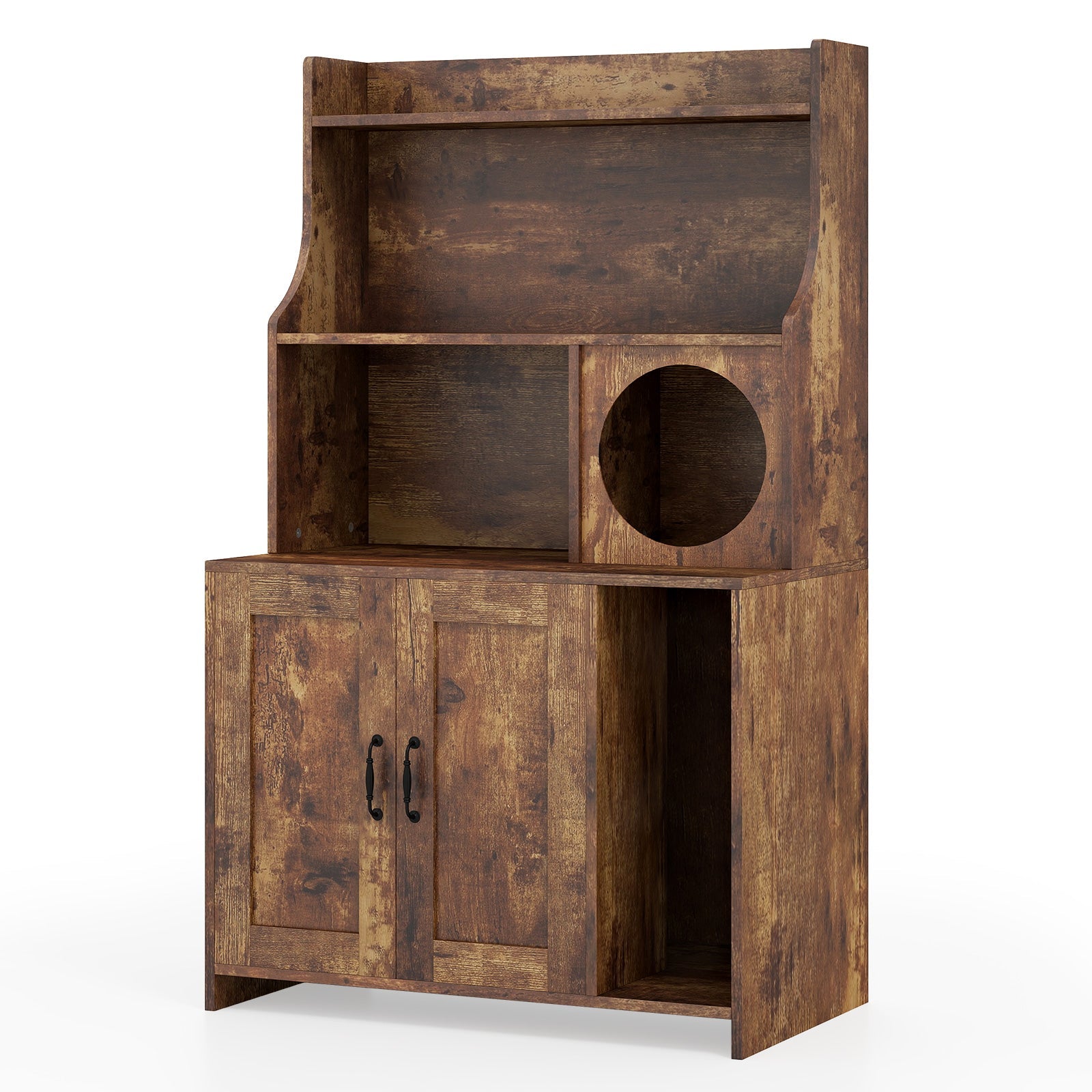 Cat Litter Box Enclosure Industrial Wooden Storage Shelves - Detail Angle 4 | Majestic Pet Kingdom