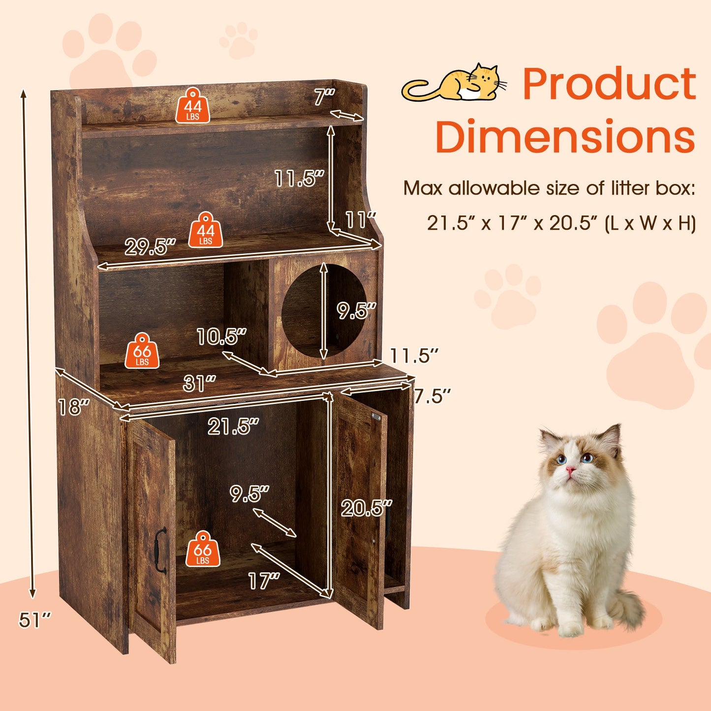 Cat Litter Box Enclosure Industrial Wooden Storage Shelves - Detail Angle 5 | Majestic Pet Kingdom