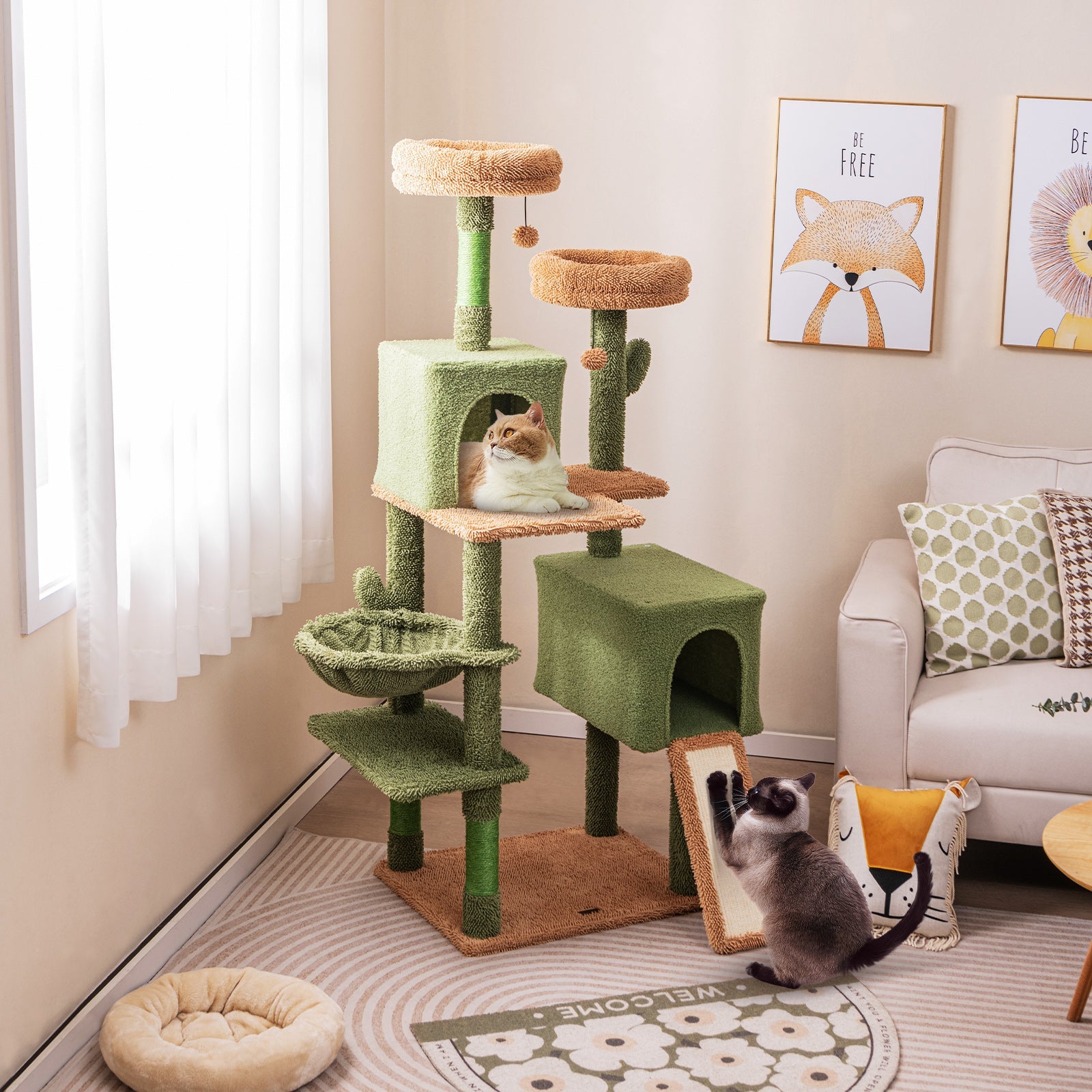 Multi-level Cactus Cat Tree with Scratching Posts Ladder Double Condos and Toys Bed-Green - Majestic Pet Kingdom