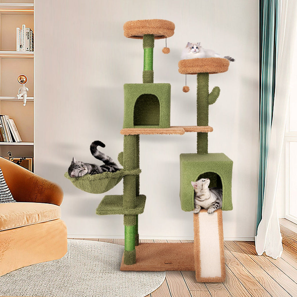 Multi-level Cactus Cat Tree with Scratching Posts Ladder Double Condos and Toys Bed-Green - Majestic Pet Kingdom