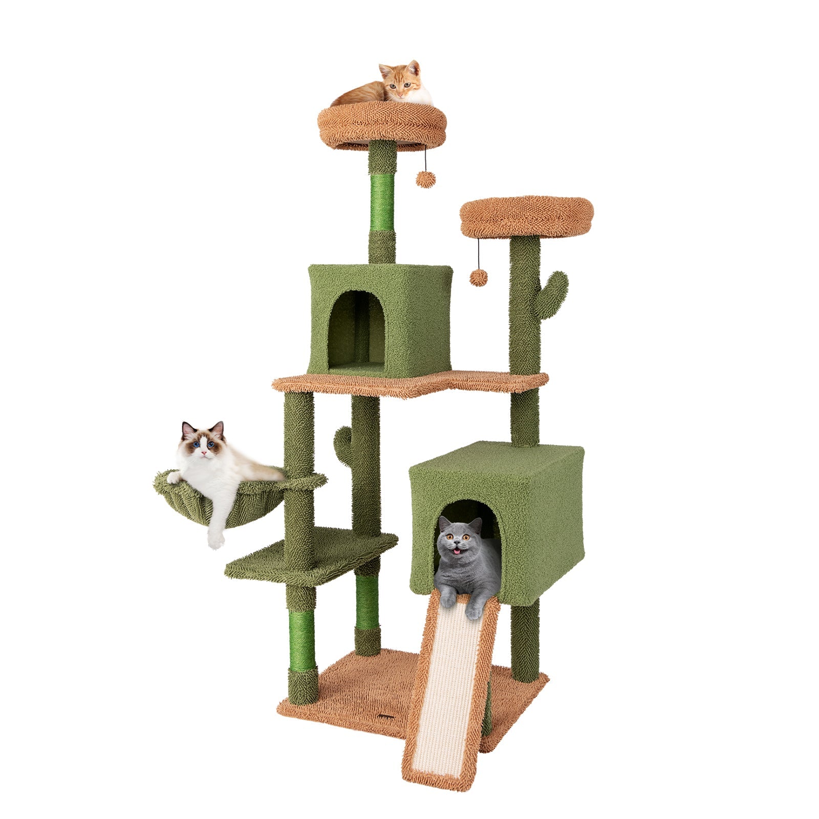 Multi-level Cactus Cat Tree with Scratching Posts Ladder Double Condos and Toys Bed-Green - Majestic Pet Kingdom