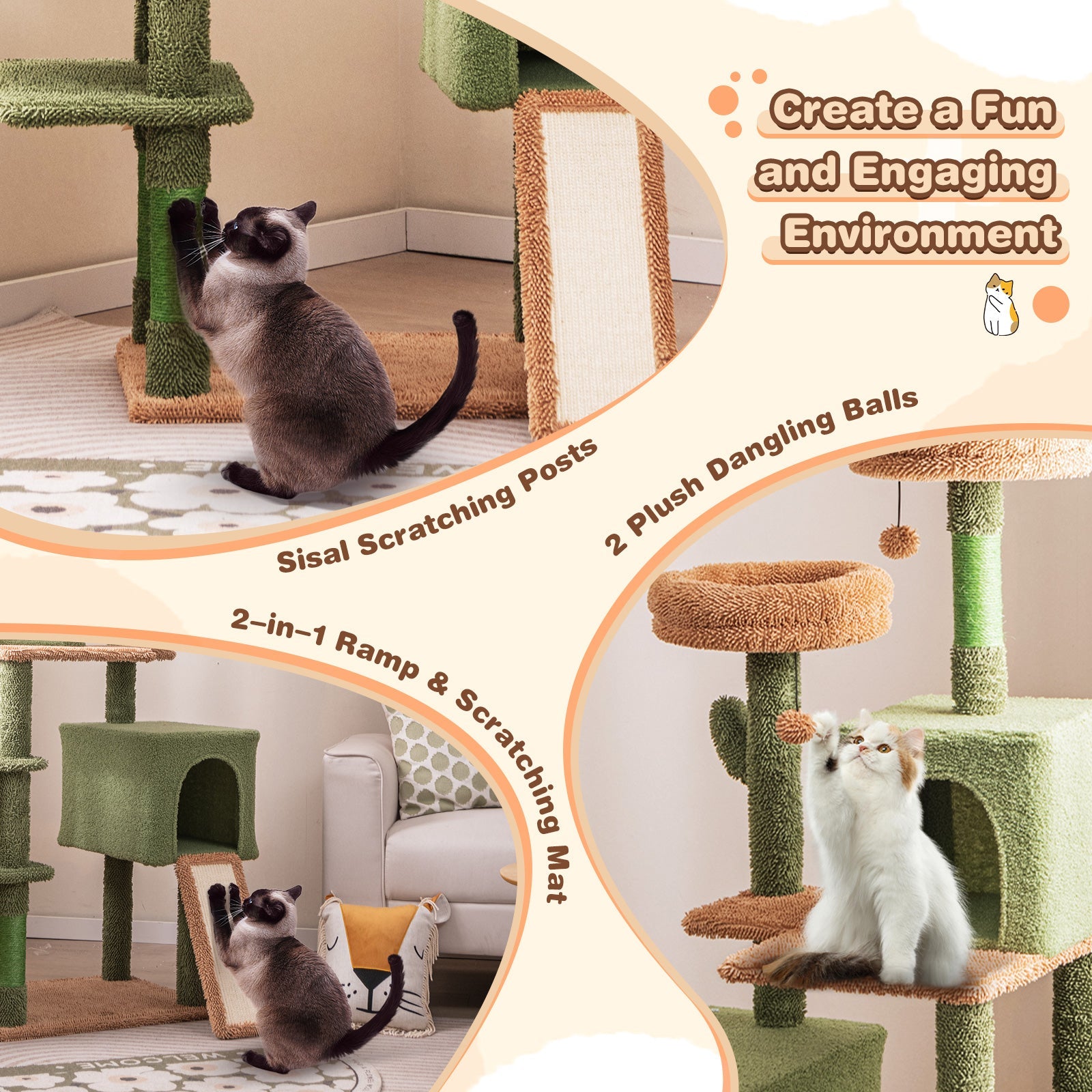 Multi-level Cactus Cat Tree with Scratching Posts Ladder Double Condos and Toys Bed-Green - Majestic Pet Kingdom