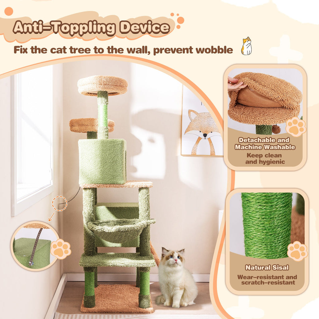Multi-level Cactus Cat Tree with Scratching Posts Ladder Double Condos and Toys Bed-Green - Majestic Pet Kingdom