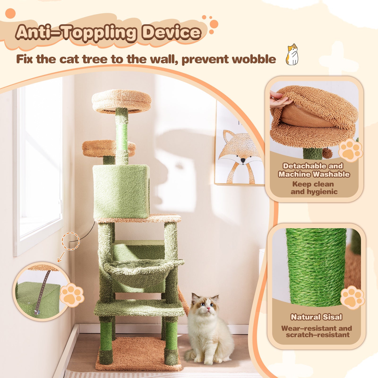 Multi-level Cactus Cat Tree with Scratching Posts Ladder Double Condos and Toys Bed-Green - Majestic Pet Kingdom