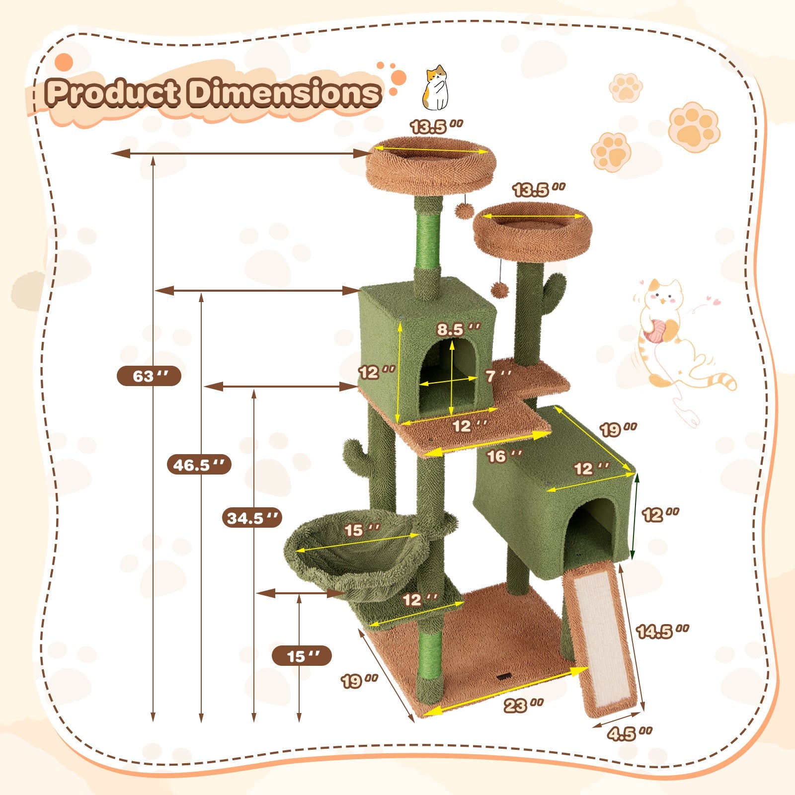 Multi-level Cactus Cat Tree with Scratching Posts Ladder Double Condos and Toys Bed-Green - Majestic Pet Kingdom
