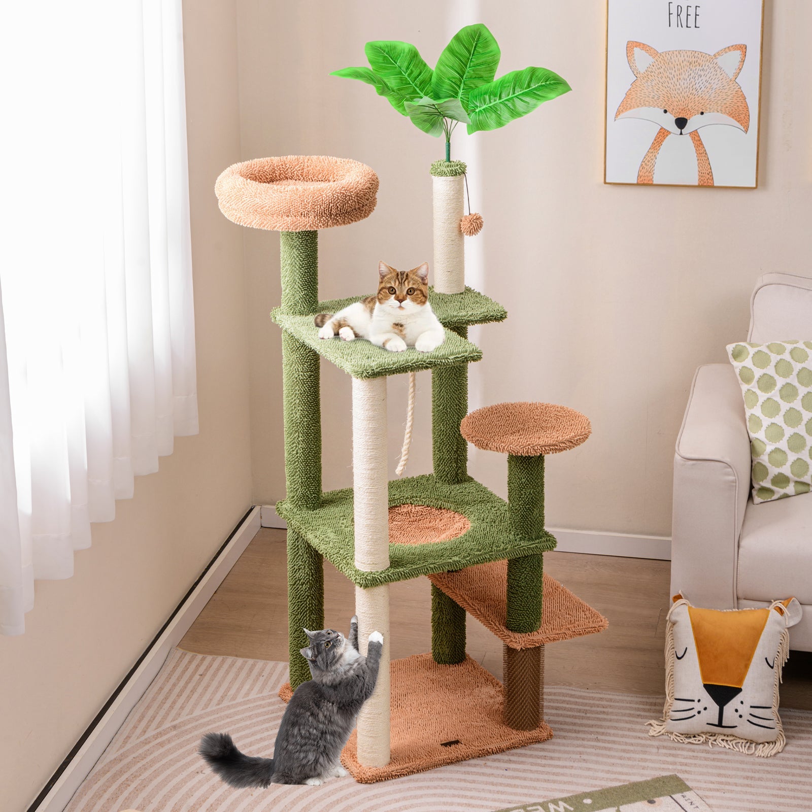 Multilevel Cat Tree with Scratching Posts and Rope Plush Perch Toy Bed-Green - Majestic Pet Kingdom