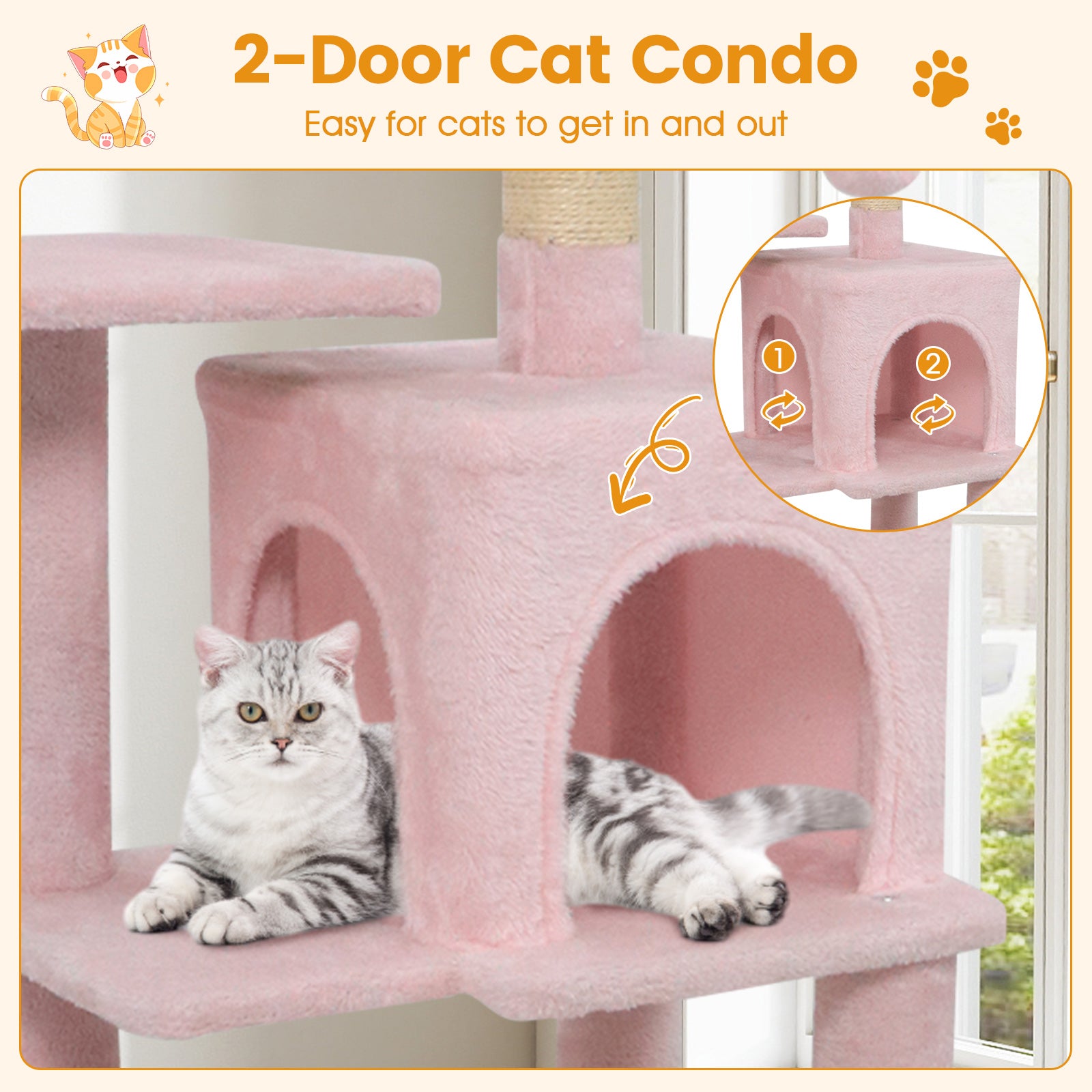 Multi-Level Cat Tower with 2-Door Condo and Padded Top Perch