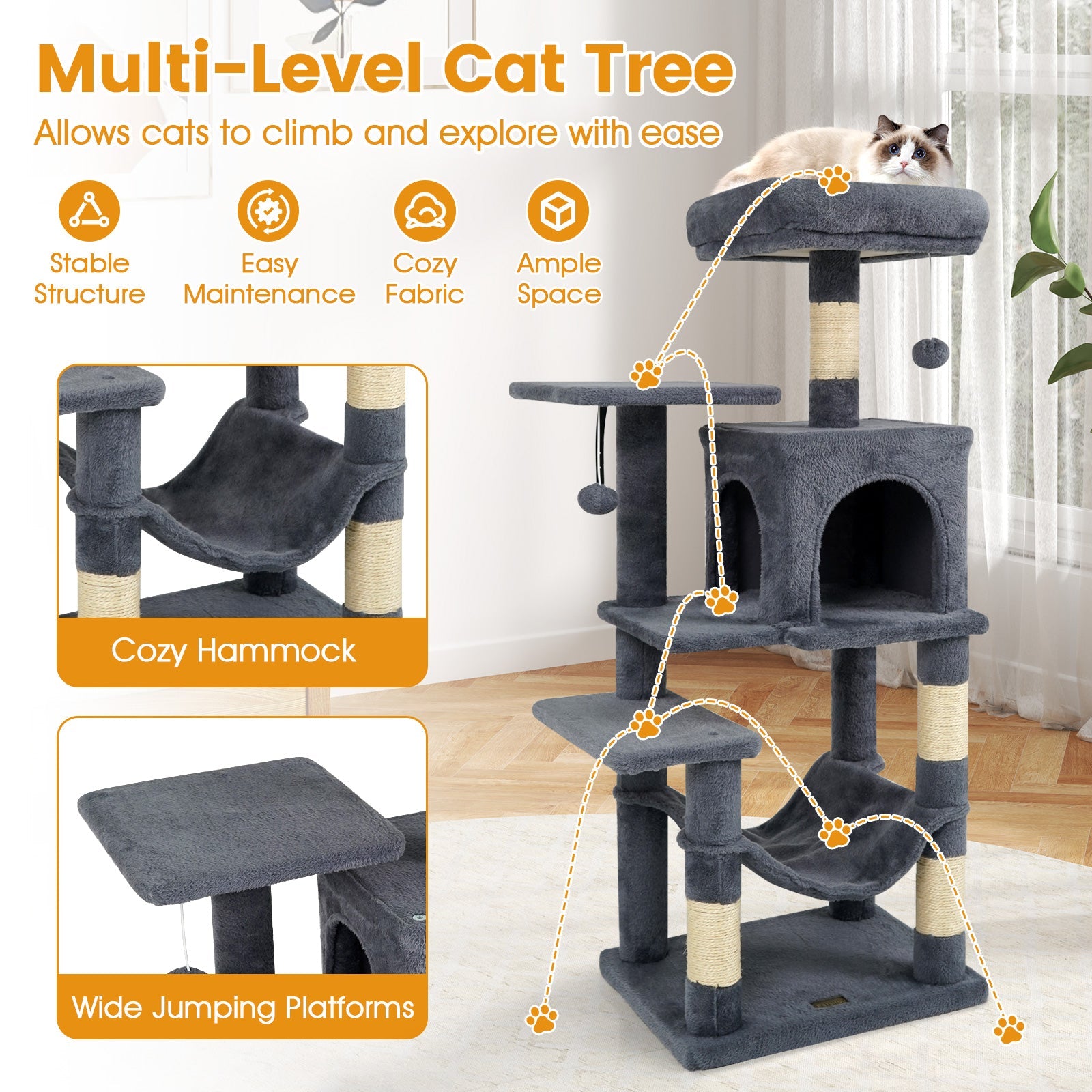 Multi-Level Cat Tower with 2-Door Condo and Padded Top Perch - Majestic Pet Kingdom