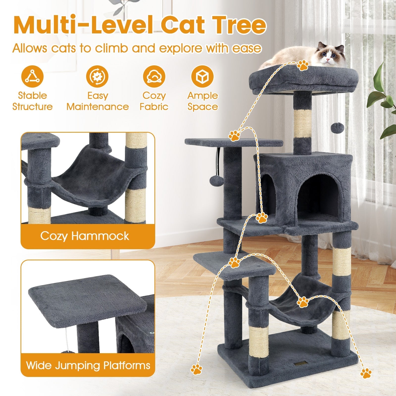 Multi-Level Cat Tower with 2-Door Condo and Padded Top Perch