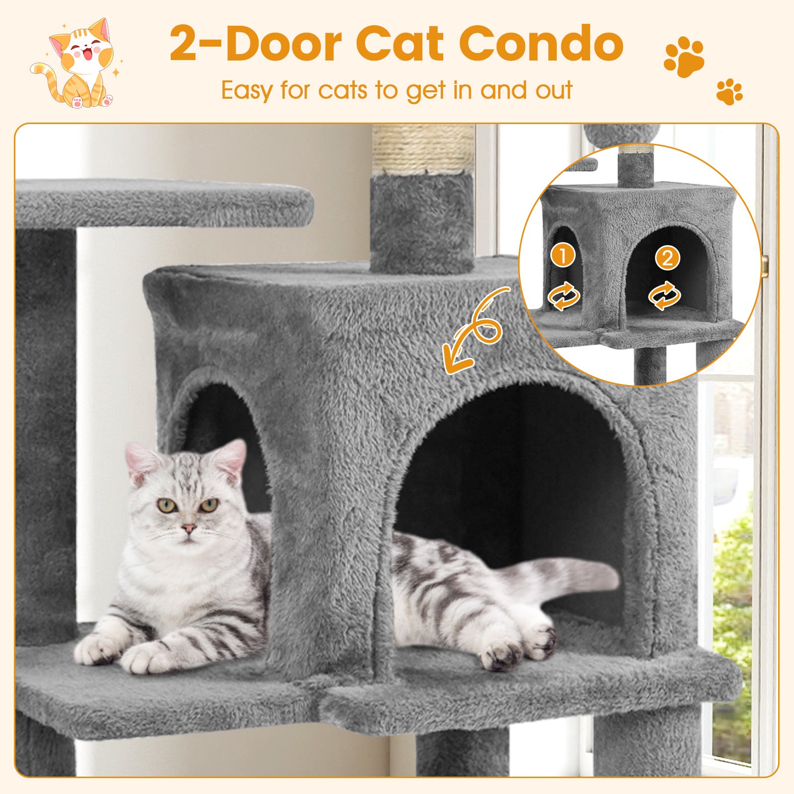 Multi-Level Cat Tower with 2-Door Condo and Padded Top Perch - Majestic Pet Kingdom