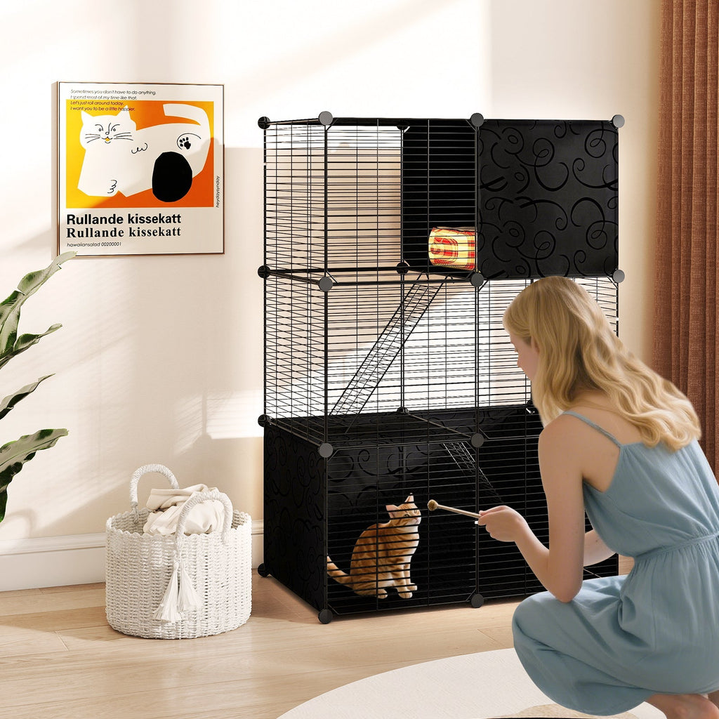 Multi-Level Cat Tower with 2-Door Condo and Hammock-Black - Majestic Pet Kingdom