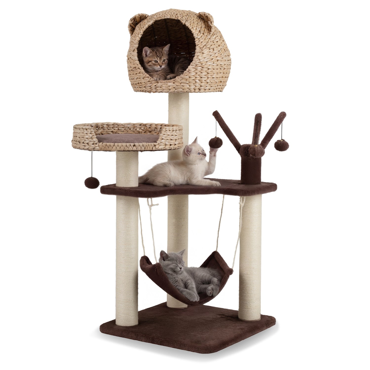 Multi-Level Cat Tree with Condo Hammock and Rotatable Hanging Balls-Natural