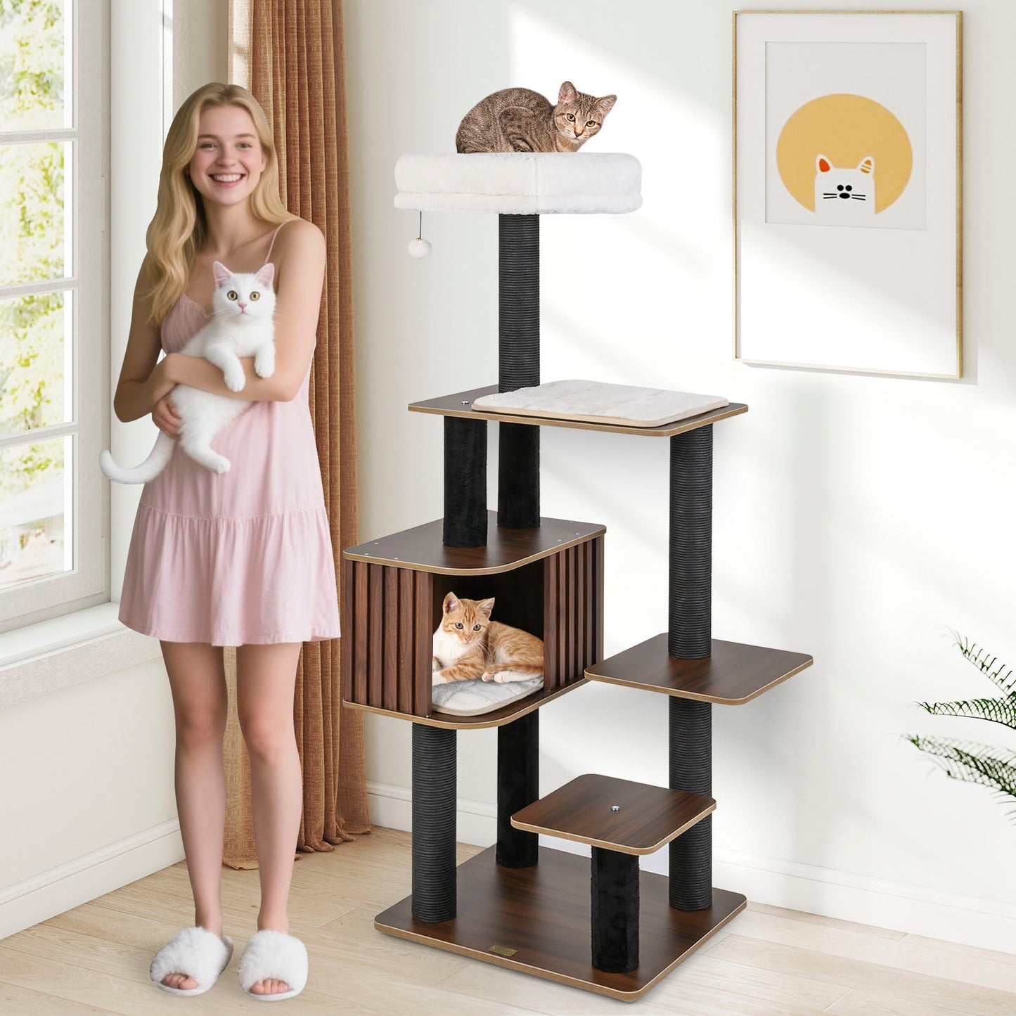 Multi-level Cat Tree for Indoor Cat 59.5 inch Tall Cat Tower with Cushion Top Perch - Majestic Pet Kingdom