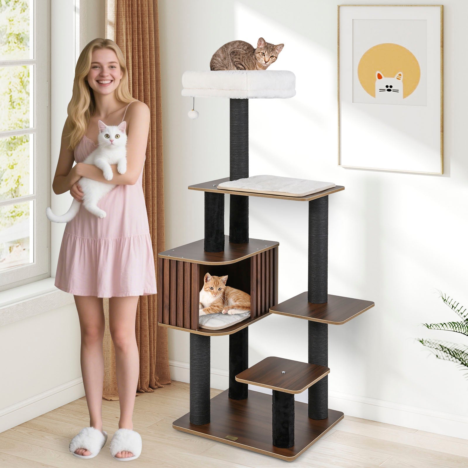 Multi-level Cat Tree for Indoor Cat 59.5 inch Tall Cat Tower with Cushion Top Perch - Majestic Pet Kingdom