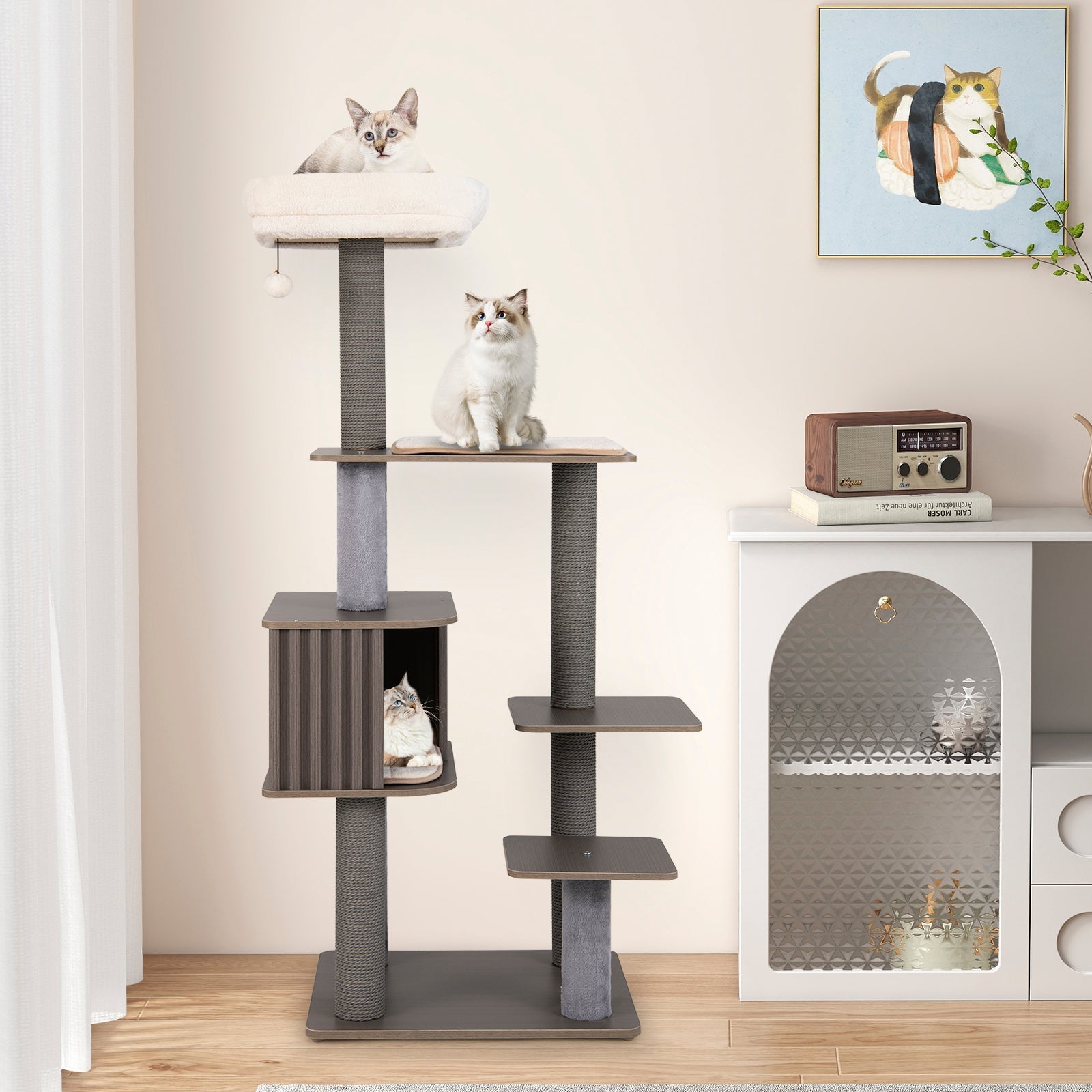 Multi-level Cat Tree for Indoor Cat 59.5 inch Tall Cat Tower with Cushion Top Perch - Majestic Pet Kingdom
