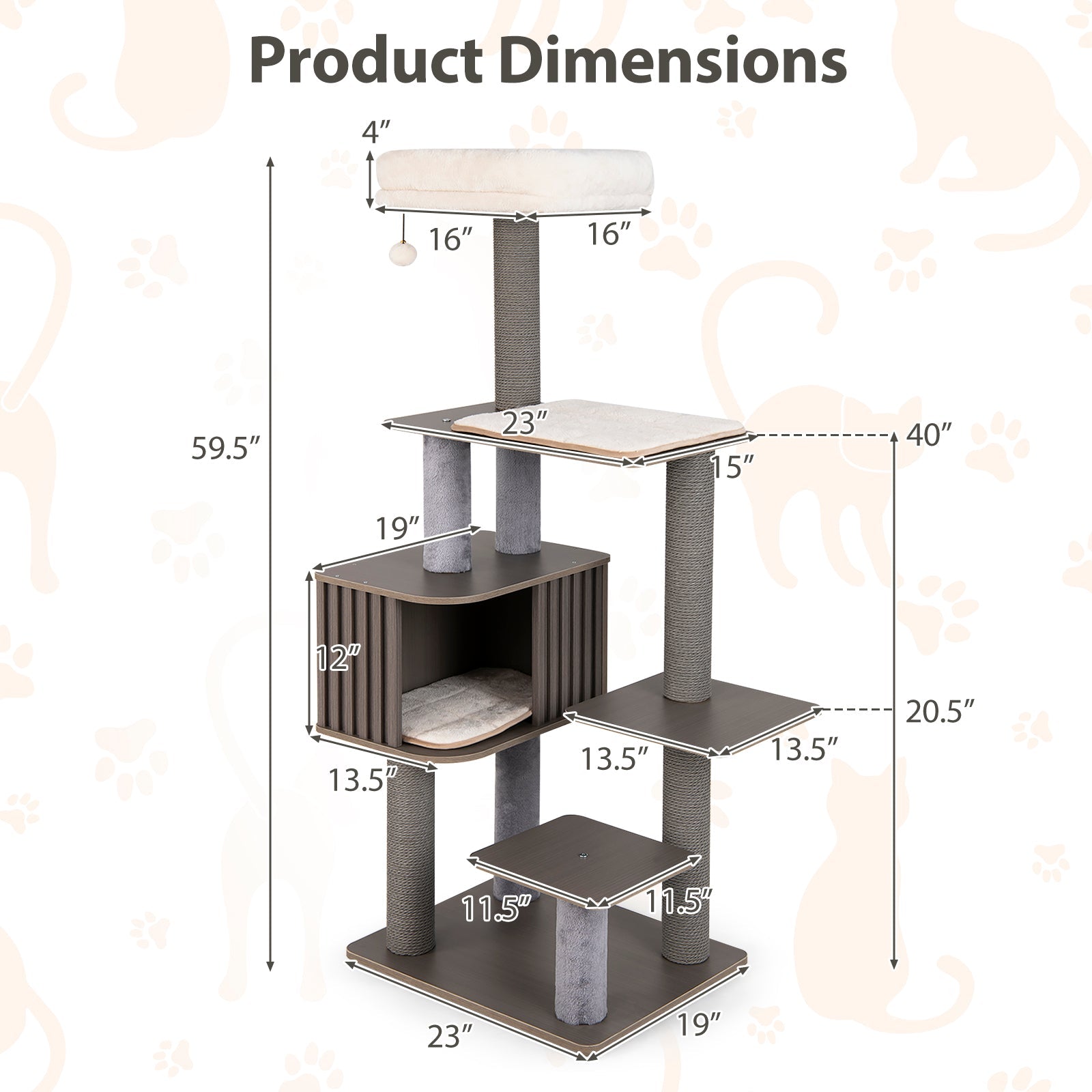 Multi-level Cat Tree for Indoor Cat 59.5 inch Tall Cat Tower with Cushion Top Perch - Majestic Pet Kingdom