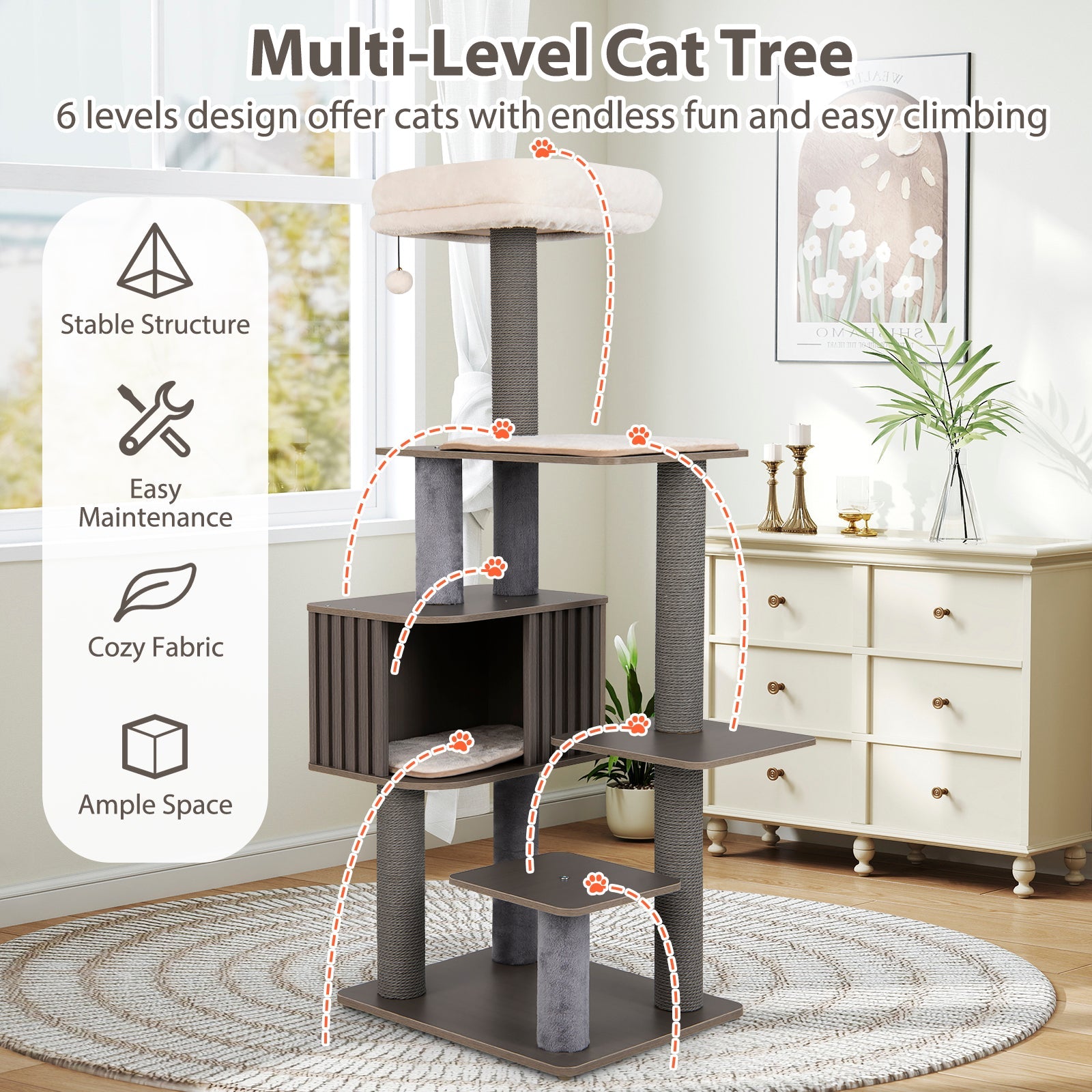 Multi-level Cat Tree for Indoor Cat 59.5 inch Tall Cat Tower with Cushion Top Perch - Majestic Pet Kingdom