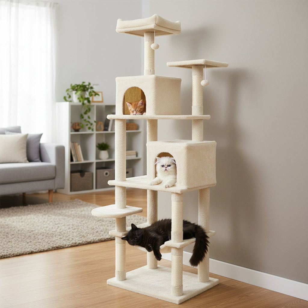 Multi-level Cat Tree Modern Cat Tower with Upholstered Perch and 2 Cat Condo - Majestic Pet Kingdom