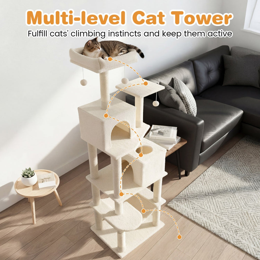 Multi-level Cat Tree Modern Cat Tower with Upholstered Perch and 2 Cat Condo - Majestic Pet Kingdom