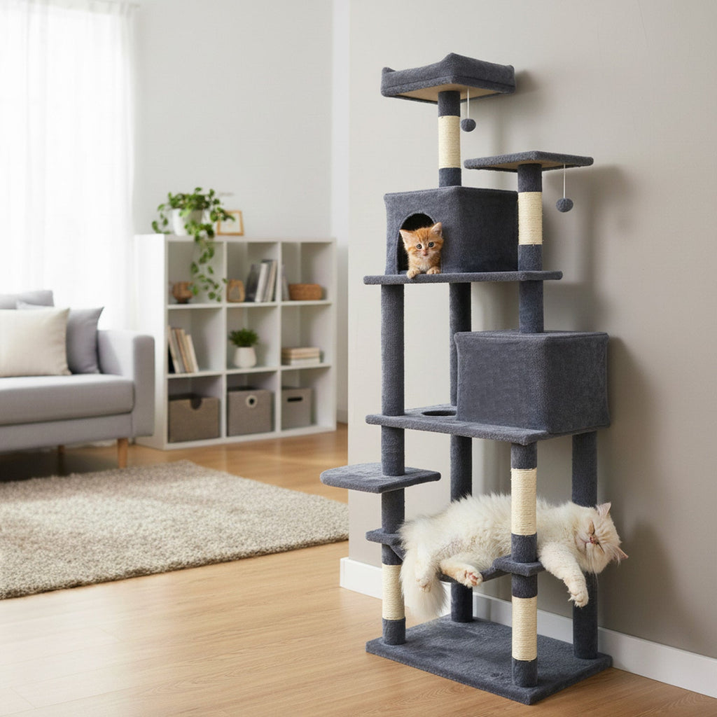 Multi-level Cat Tree Modern Cat Tower with Upholstered Perch and 2 Cat Condo - Majestic Pet Kingdom
