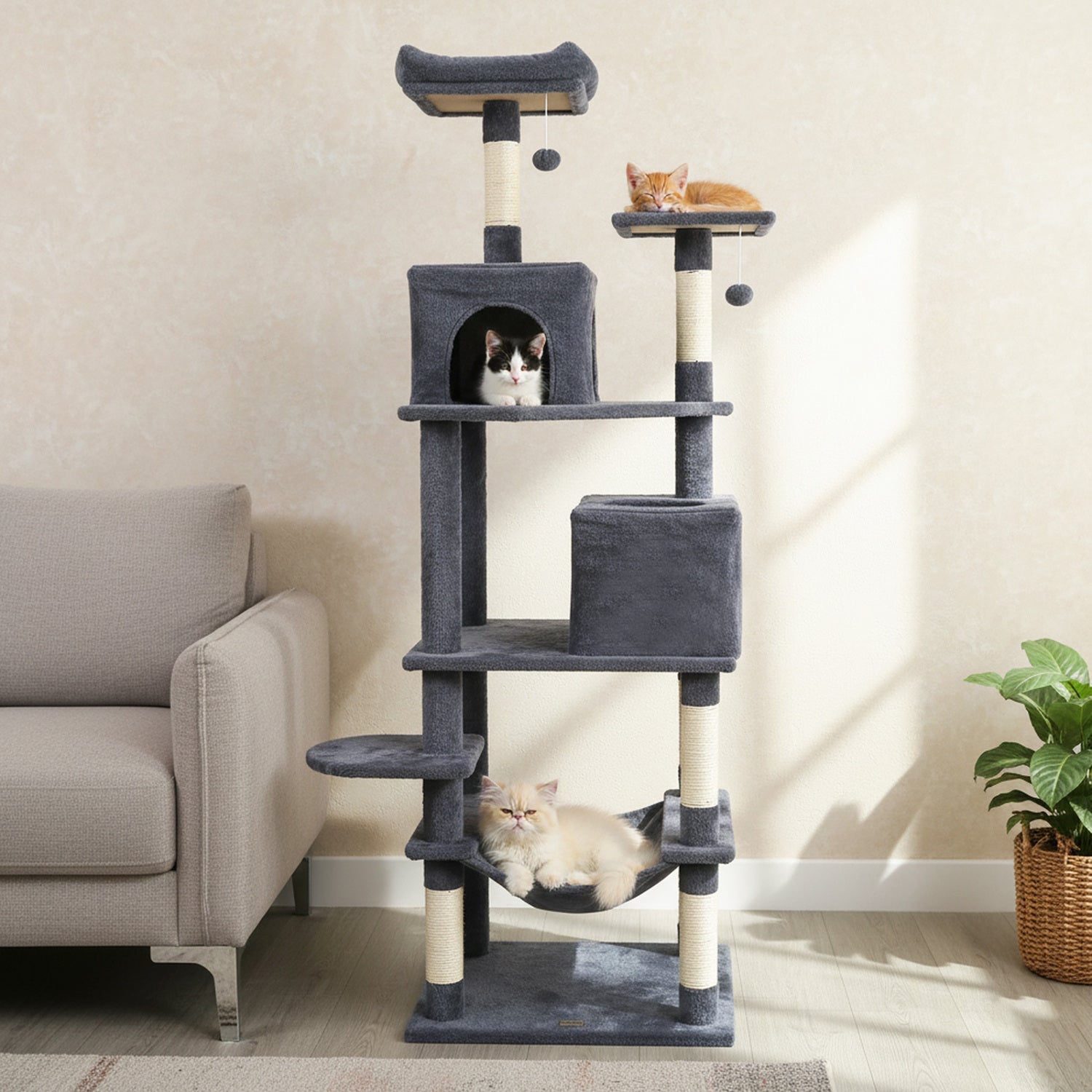 Multi-level Cat Tree Modern Cat Tower with Upholstered Perch and 2 Cat Condo - Majestic Pet Kingdom