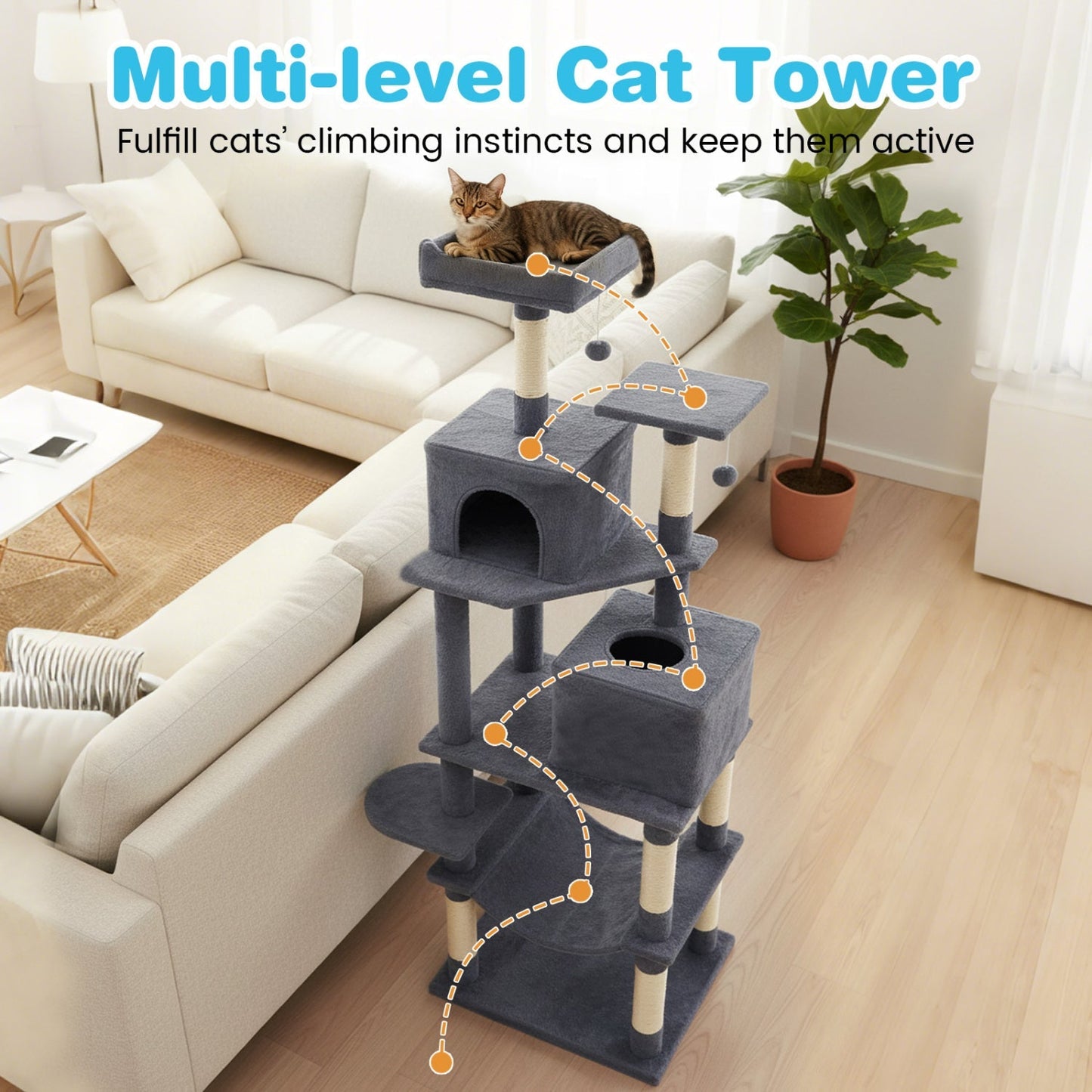 Multi-level Cat Tree Modern Cat Tower with Upholstered Perch and 2 Cat Condo - Majestic Pet Kingdom