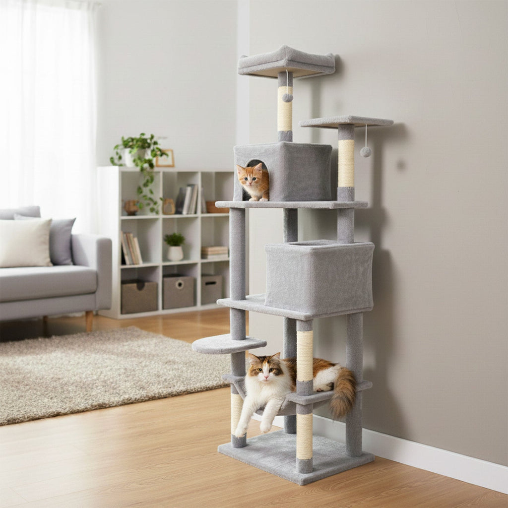 Multi-level Cat Tree Modern Cat Tower with Upholstered Perch and 2 Cat Condo - Majestic Pet Kingdom