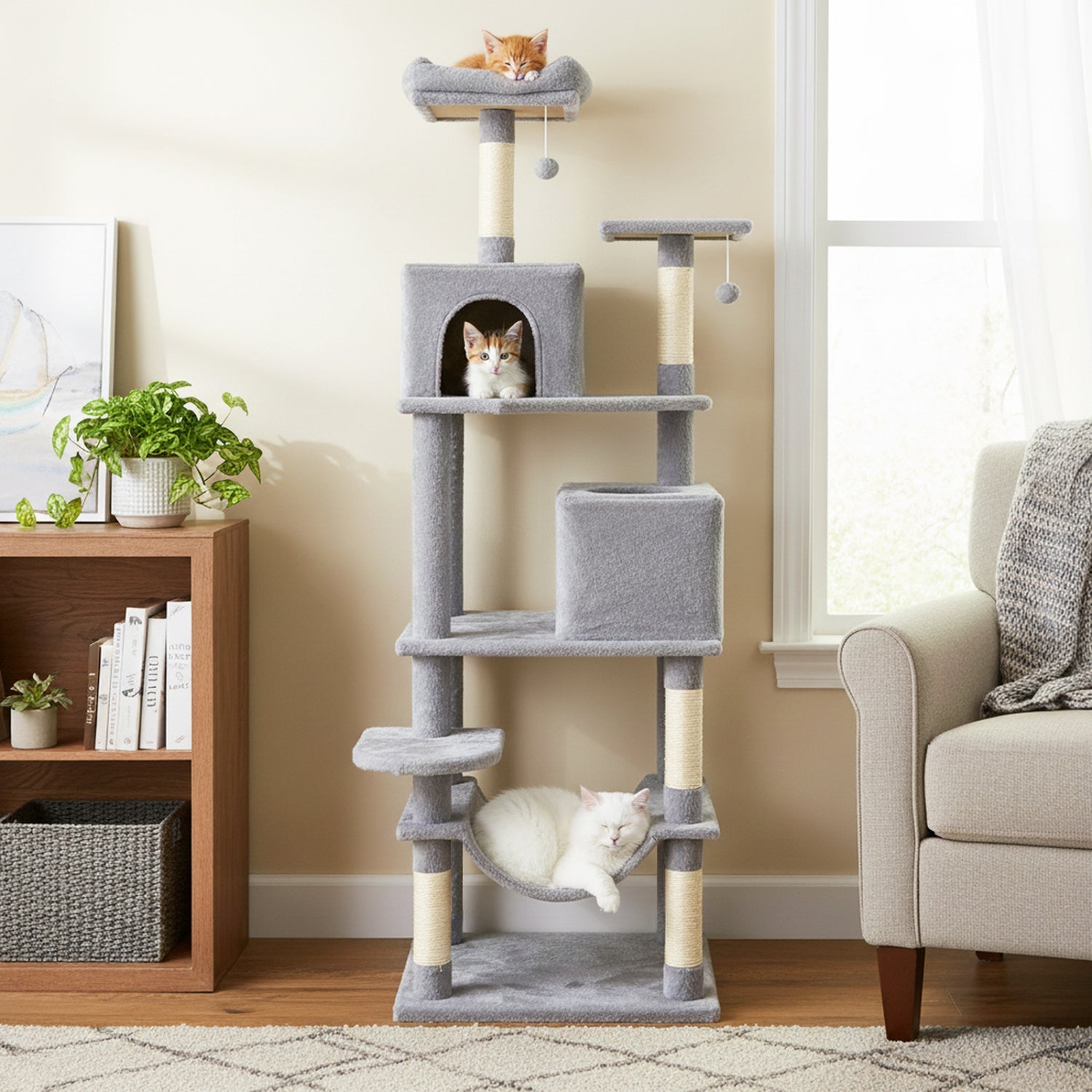 Multi-level Cat Tree Modern Cat Tower with Upholstered Perch and 2 Cat Condo - Majestic Pet Kingdom