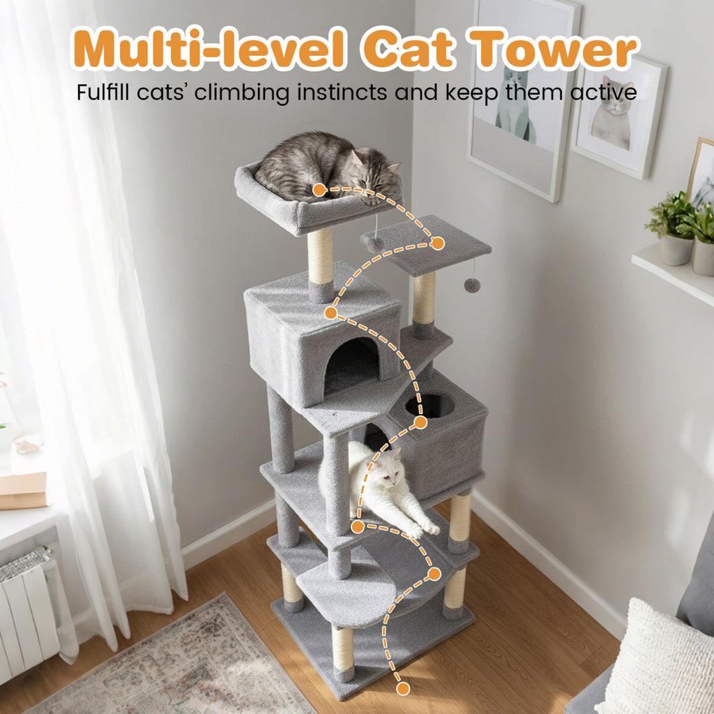 Multi-level Cat Tree Modern Cat Tower with Upholstered Perch and 2 Cat Condo - Majestic Pet Kingdom