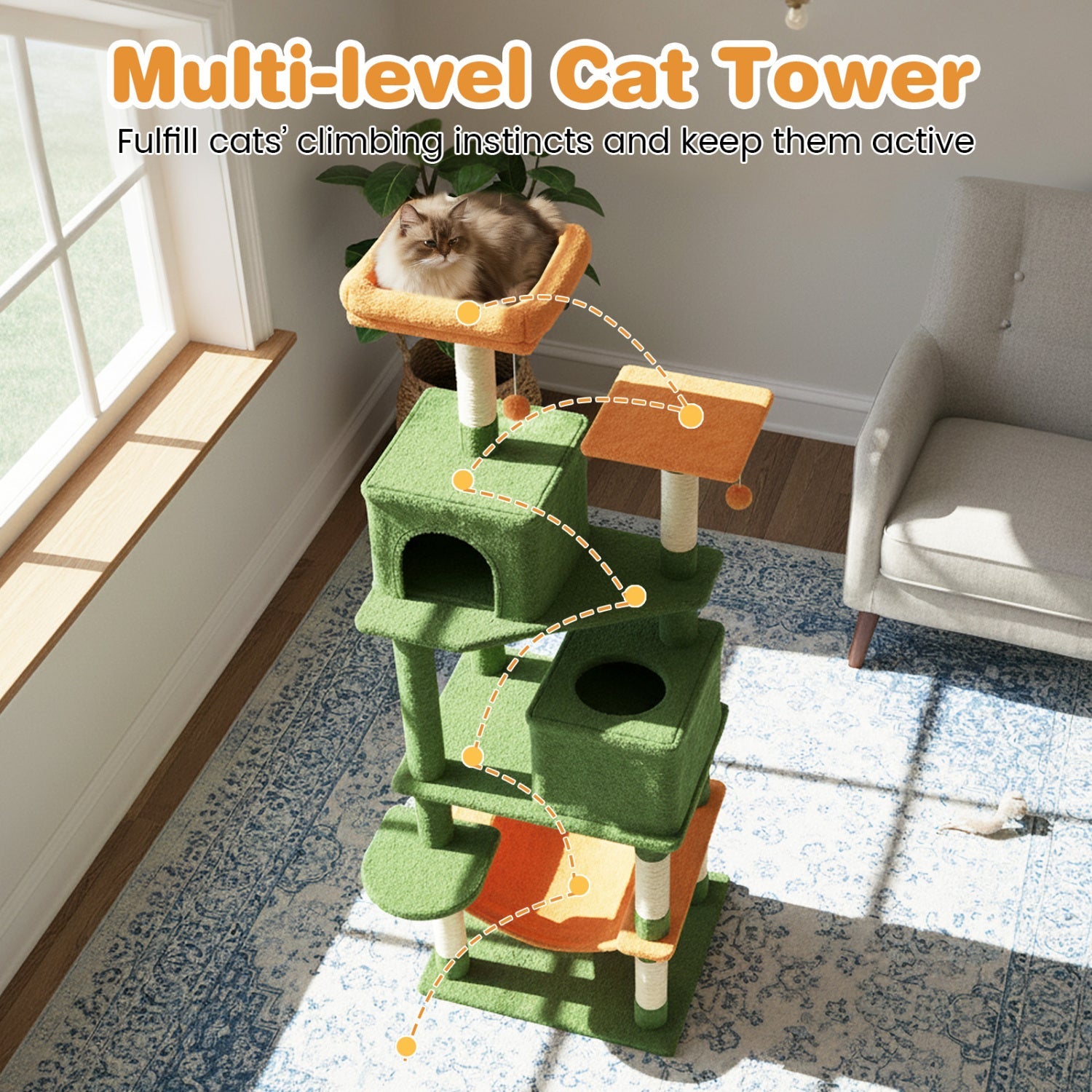 Multi-level Cat Tree Modern Cat Tower with Upholstered Perch and 2 Cat Condo - Majestic Pet Kingdom