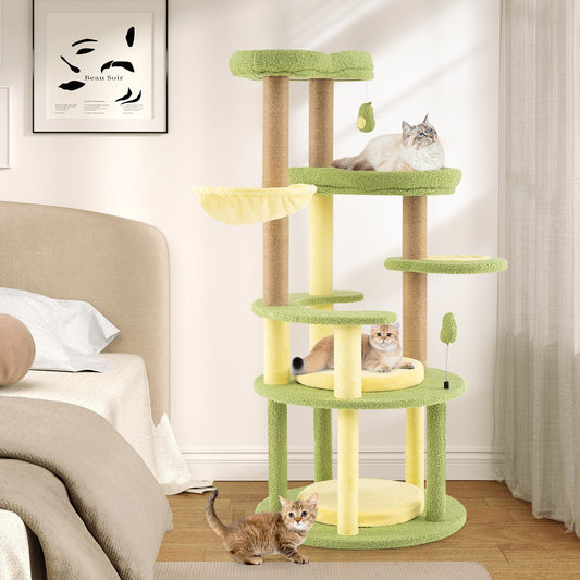 Multi-level Cat Tree Avocado Theme Cat Tower with Wide Perch Rotatable Basket-Green - Majestic Pet Kingdom