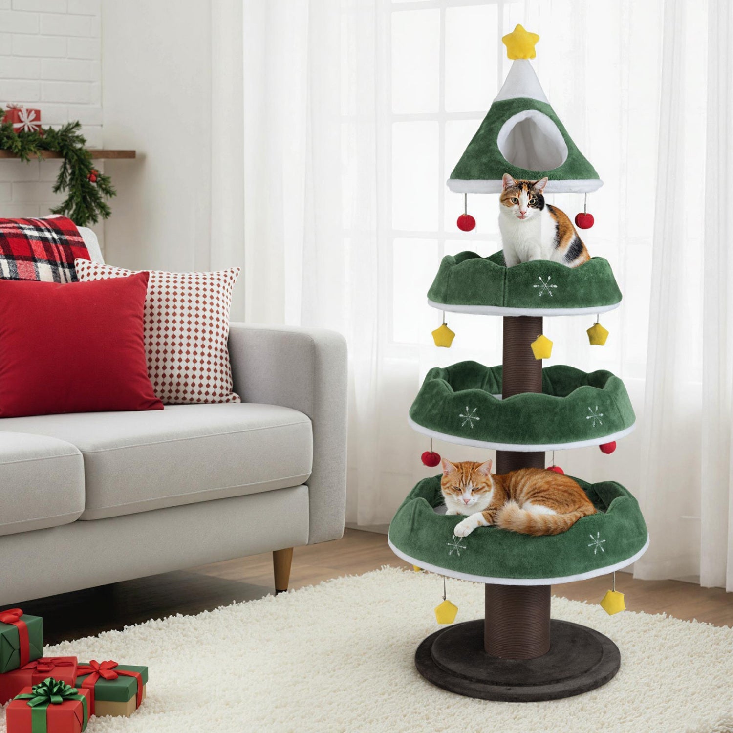 Christmas Cat Tree with 3 Platforms & Top Perch - Majestic Pet Kingdom