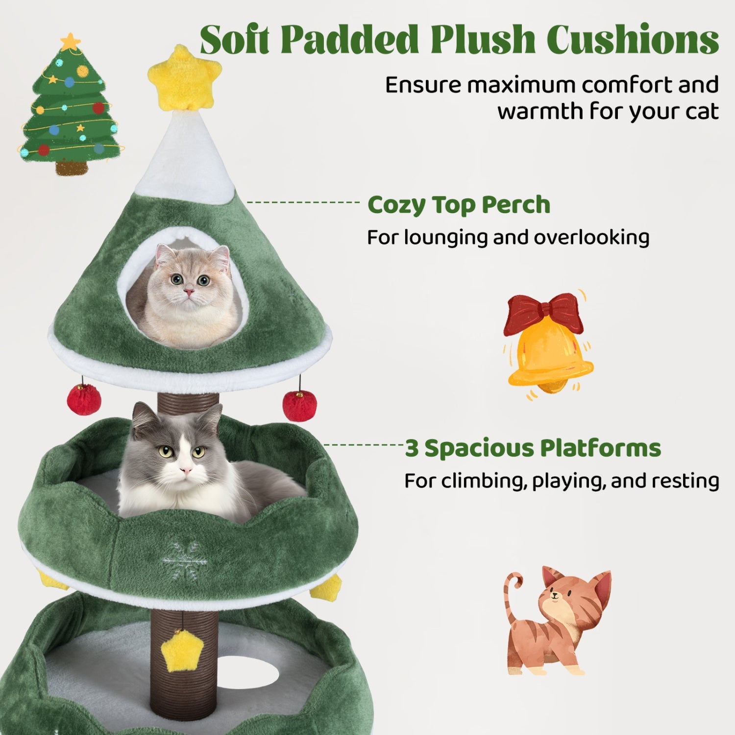 Christmas Cat Tree with 3 Platforms & Top Perch - Majestic Pet Kingdom