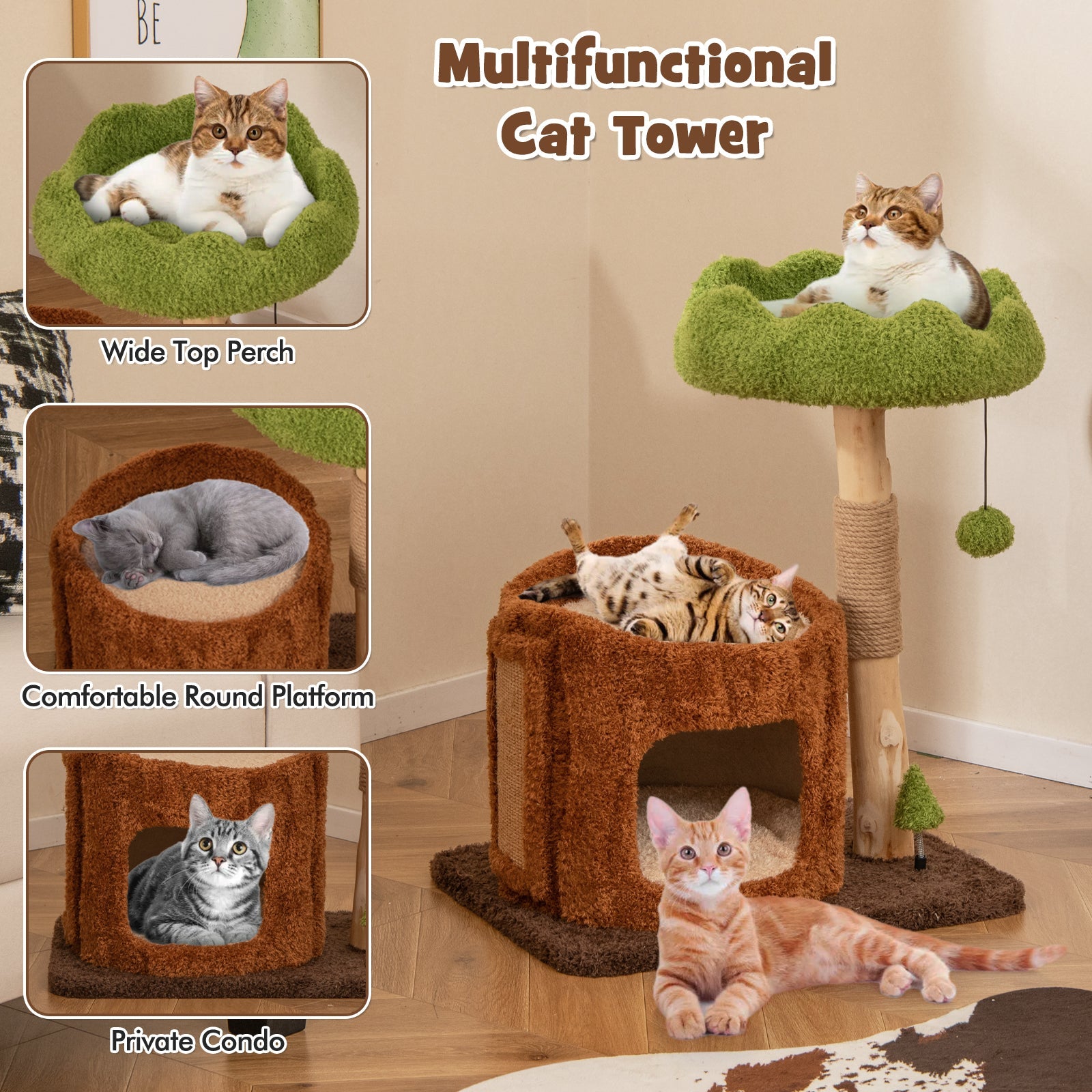 Multifunctional Cat Tree Cat Tower with Scratching Posts and Top Perch-Brown - Majestic Pet Kingdom