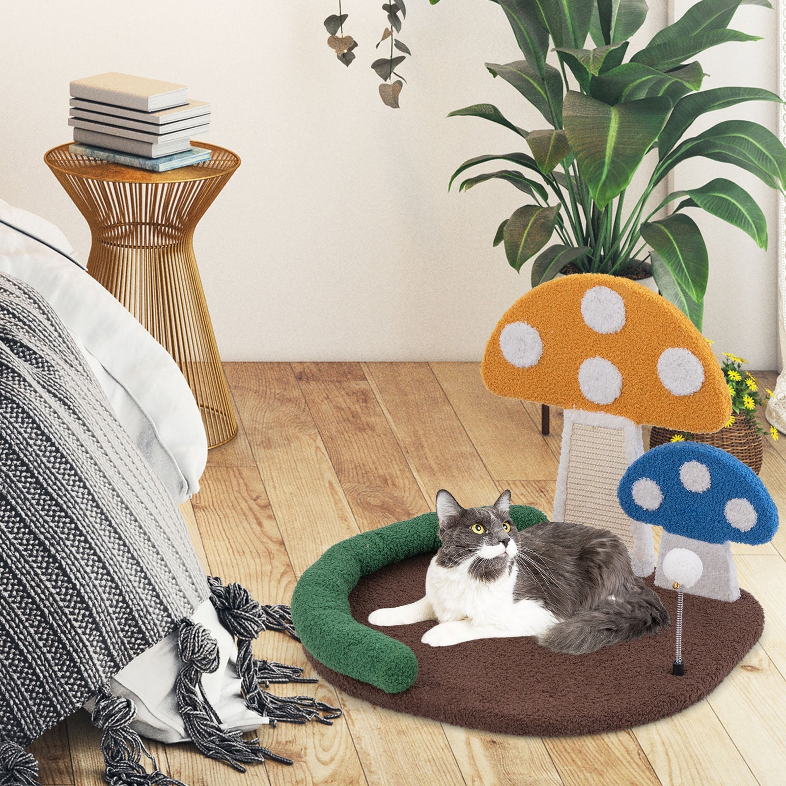 Mushroom Cat Bed Cat Claw Scratcher with Wide Bed and Sisal Scratch Panel-Multicolor | Purrfect Pet Kingdom
