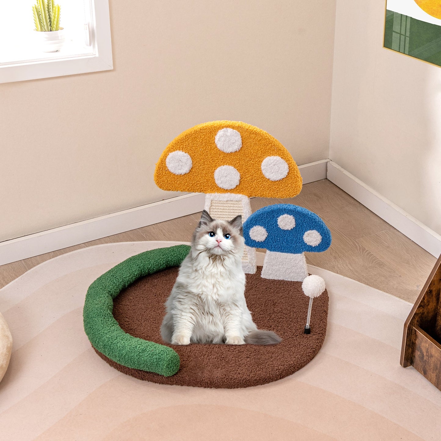 Mushroom Cat Bed Cat Claw Scratcher with Wide Bed and Sisal Scratch Panel-Multicolor | Purrfect Pet Kingdom