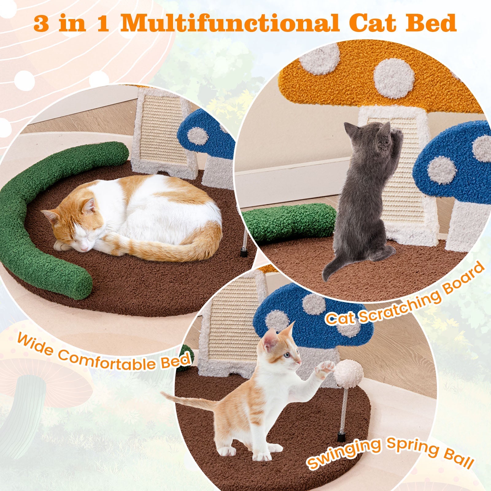 Mushroom Cat Bed Cat Claw Scratcher with Wide Bed and Sisal Scratch Panel-Multicolor | Purrfect Pet Kingdom