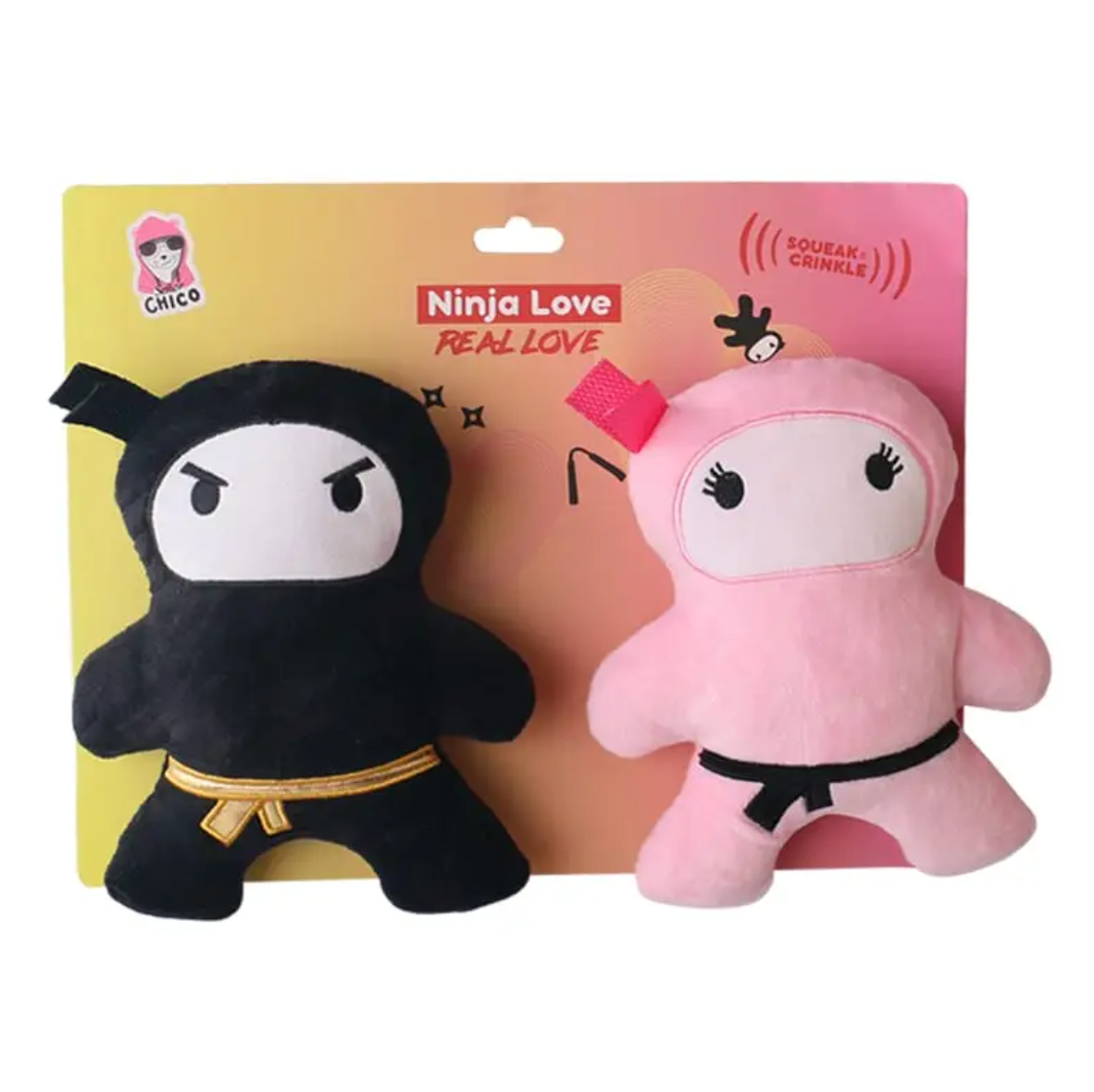 Dog Plush Toy Set Ninja Love Squeaker Crinkle Sound 2-Pack - Main Feature View | Majestic Pet Kingdom