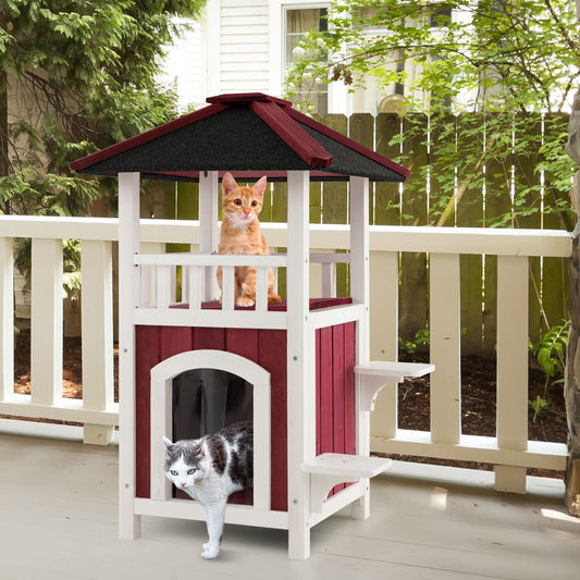 2-Story Wooden Cat House with Asphalt Roof Balcony and Rain Curtain-Red & White | Purrfect Pet Kingdom