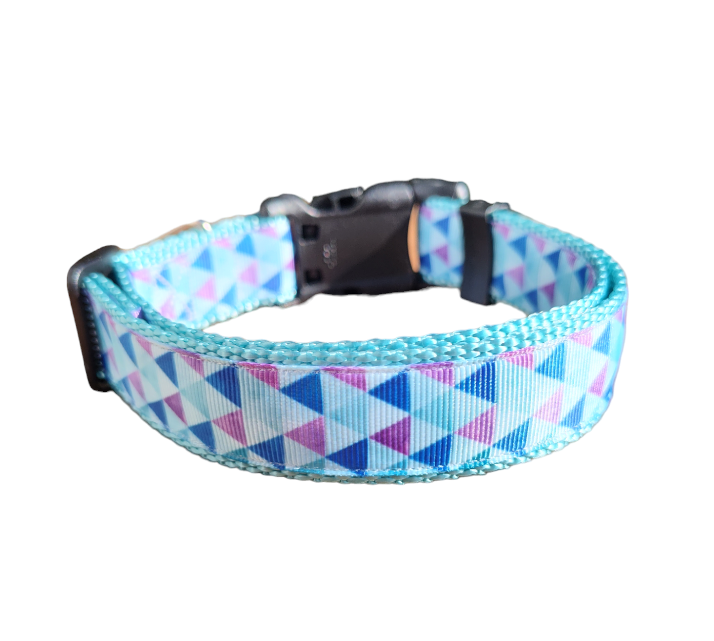 Purple Triangles Light Blue Nylon Dog Collar MD, LG, XL, Leash | Purrfect Pet Kingdom