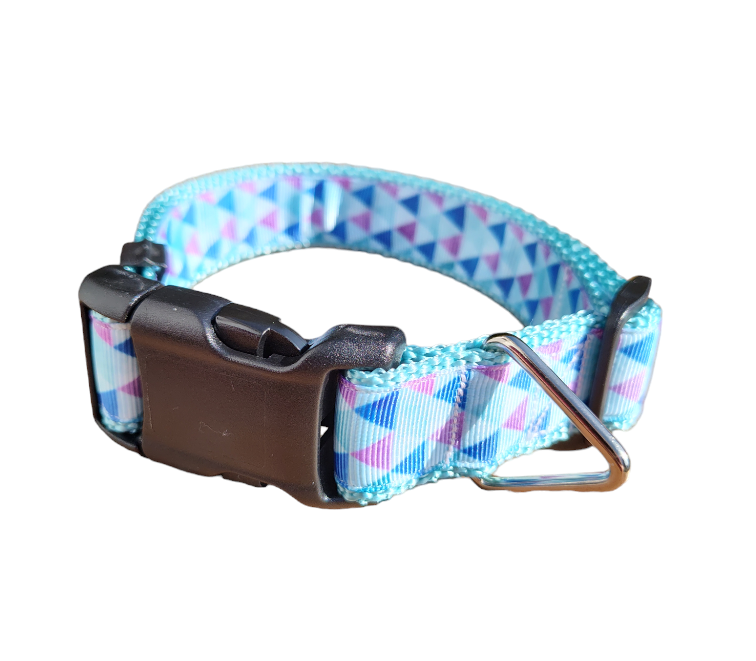Purple Triangles Light Blue Nylon Dog Collar MD, LG, XL, Leash | Purrfect Pet Kingdom