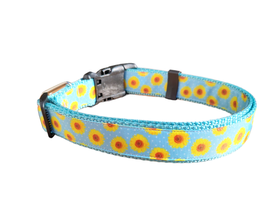 Yellow Flowers Light Blue Nylon Dog Collar MD, LG, XL, Martingale, Leash | Purrfect Pet Kingdom