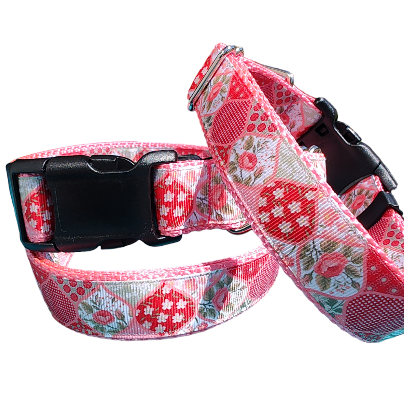 Flower Quilt Pink Nylon Dog Collar MD, LG, XL, Leash | Purrfect Pet Kingdom