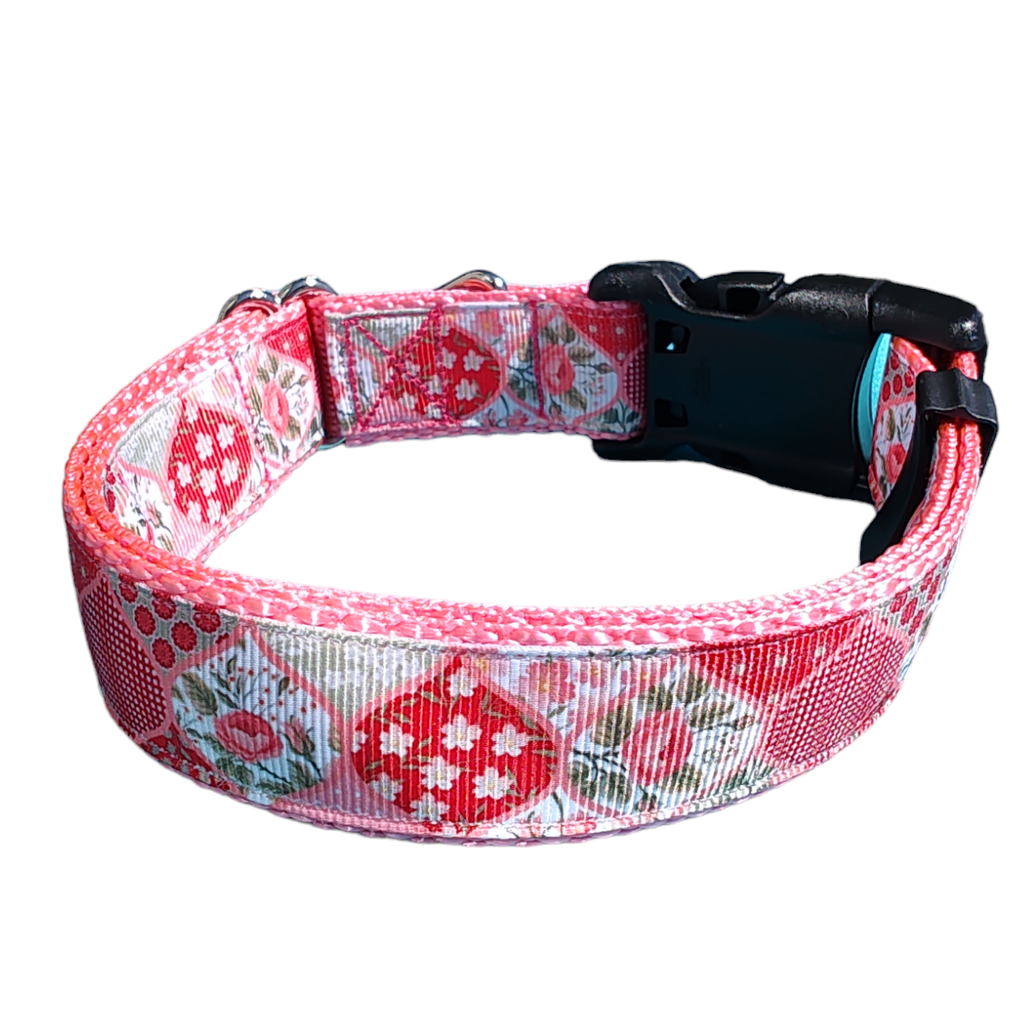 Flower Quilt Pink Nylon Dog Collar MD, LG, XL, Leash | Purrfect Pet Kingdom