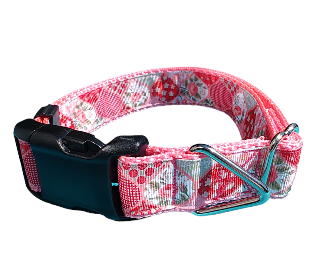 Flower Quilt Pink Nylon Dog Collar MD, LG, XL, Leash | Purrfect Pet Kingdom