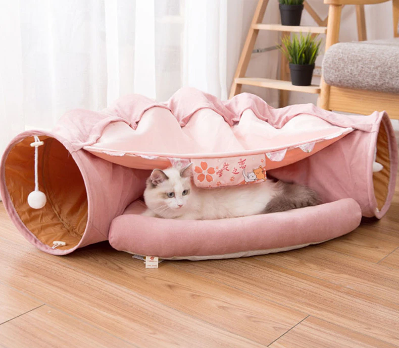 Collapsible Removable Cat Tunnel Tube With Cat Bed Set - Majestic Pet Kingdom