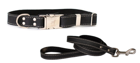 Dog Collar and Leash Set Genuine Leather Quick-Release Set